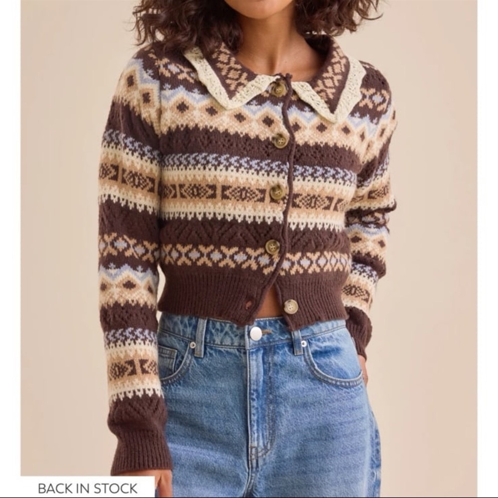 NWOT Altar’d State Cropped Cardigan Medium Women Brown Patterned